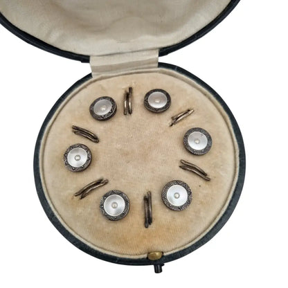 Juego de seis botones Art Déco sterling silver y nácar caja original Made in