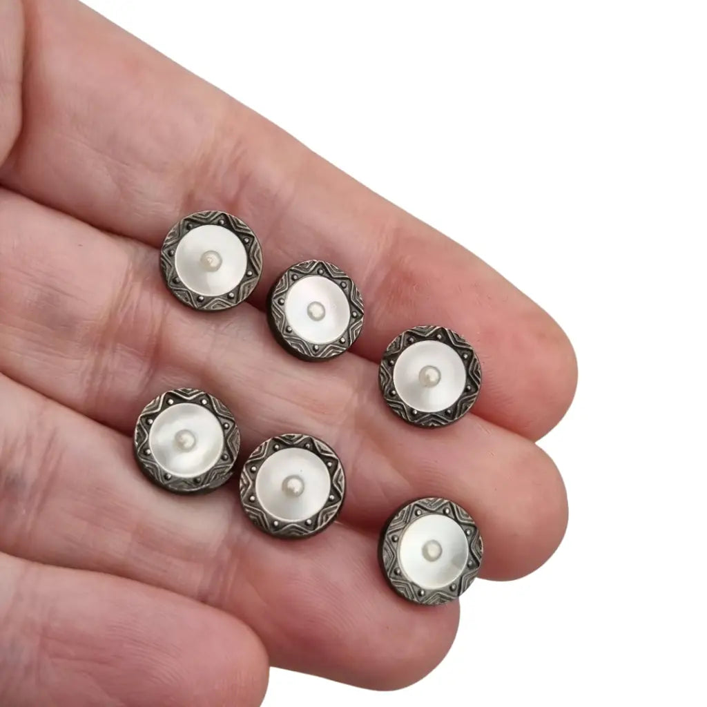 Juego de seis botones Art Déco sterling silver y nácar caja original Made in