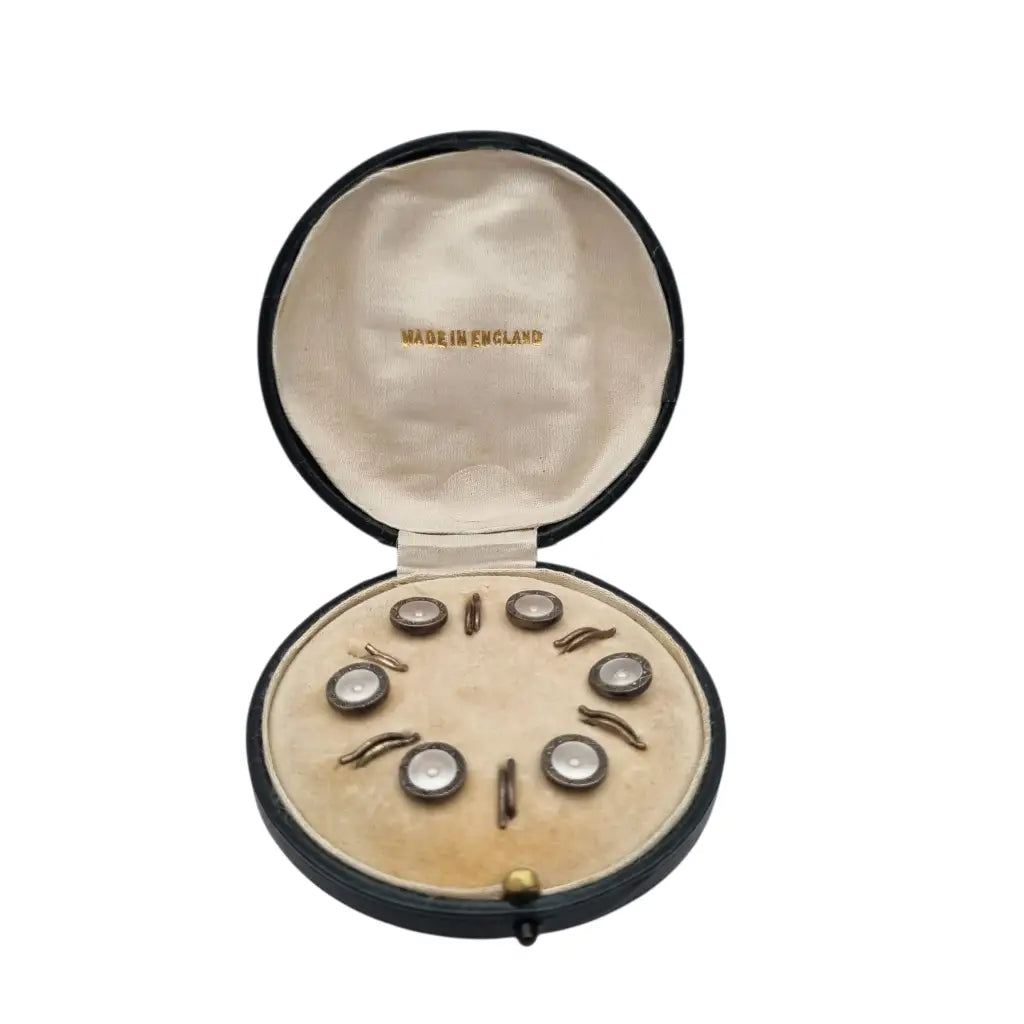 Juego de seis botones Art Déco sterling silver y nácar caja original Made in