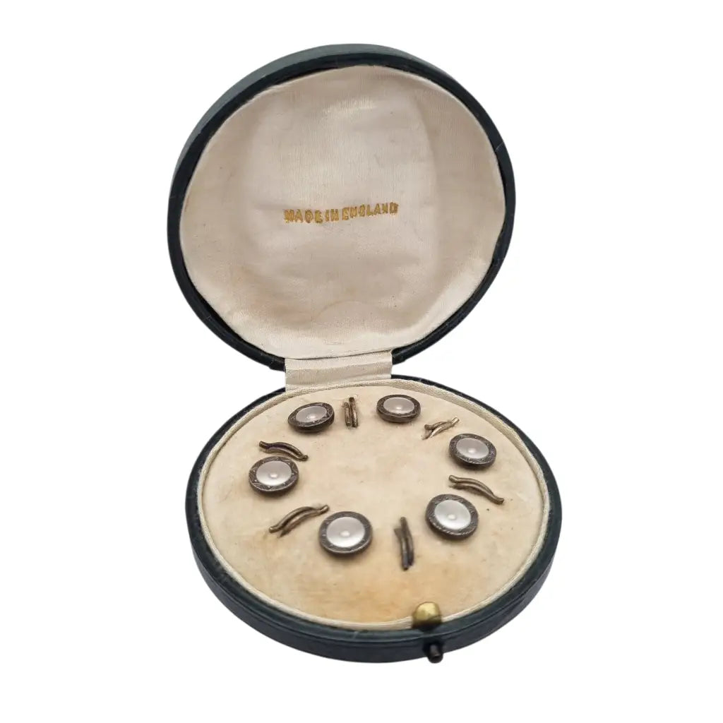 Juego de seis botones Art Déco sterling silver y nácar caja original Made in