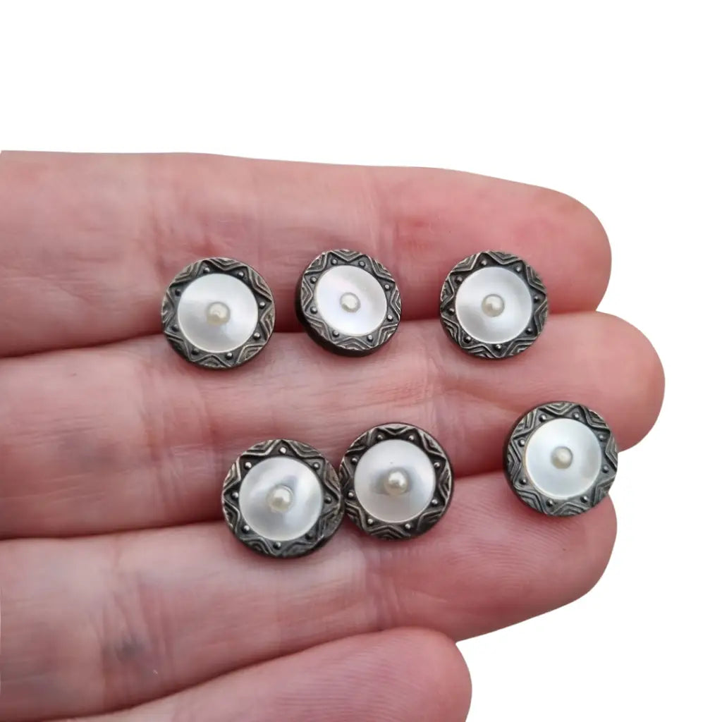 Juego de seis botones Art Déco sterling silver y nácar caja original Made in