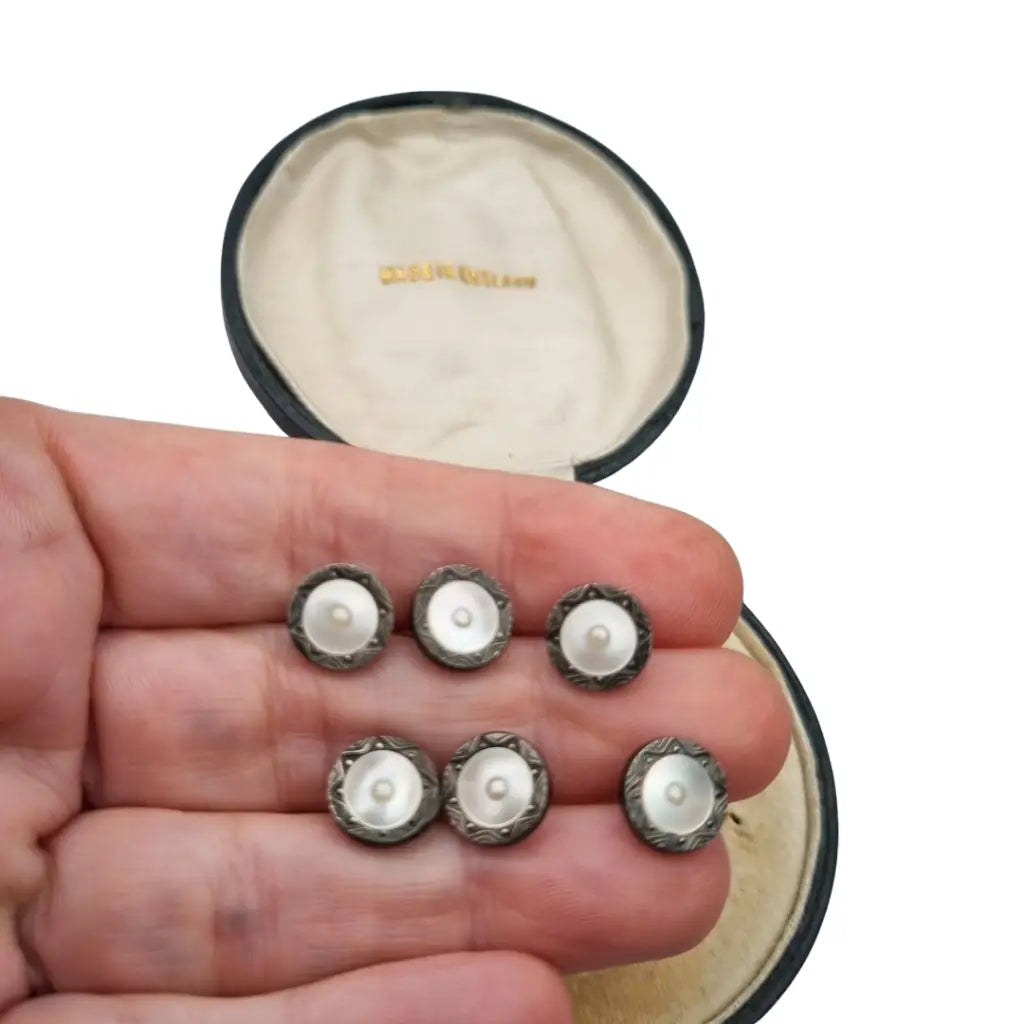 Juego de seis botones Art Déco sterling silver y nácar caja original Made in