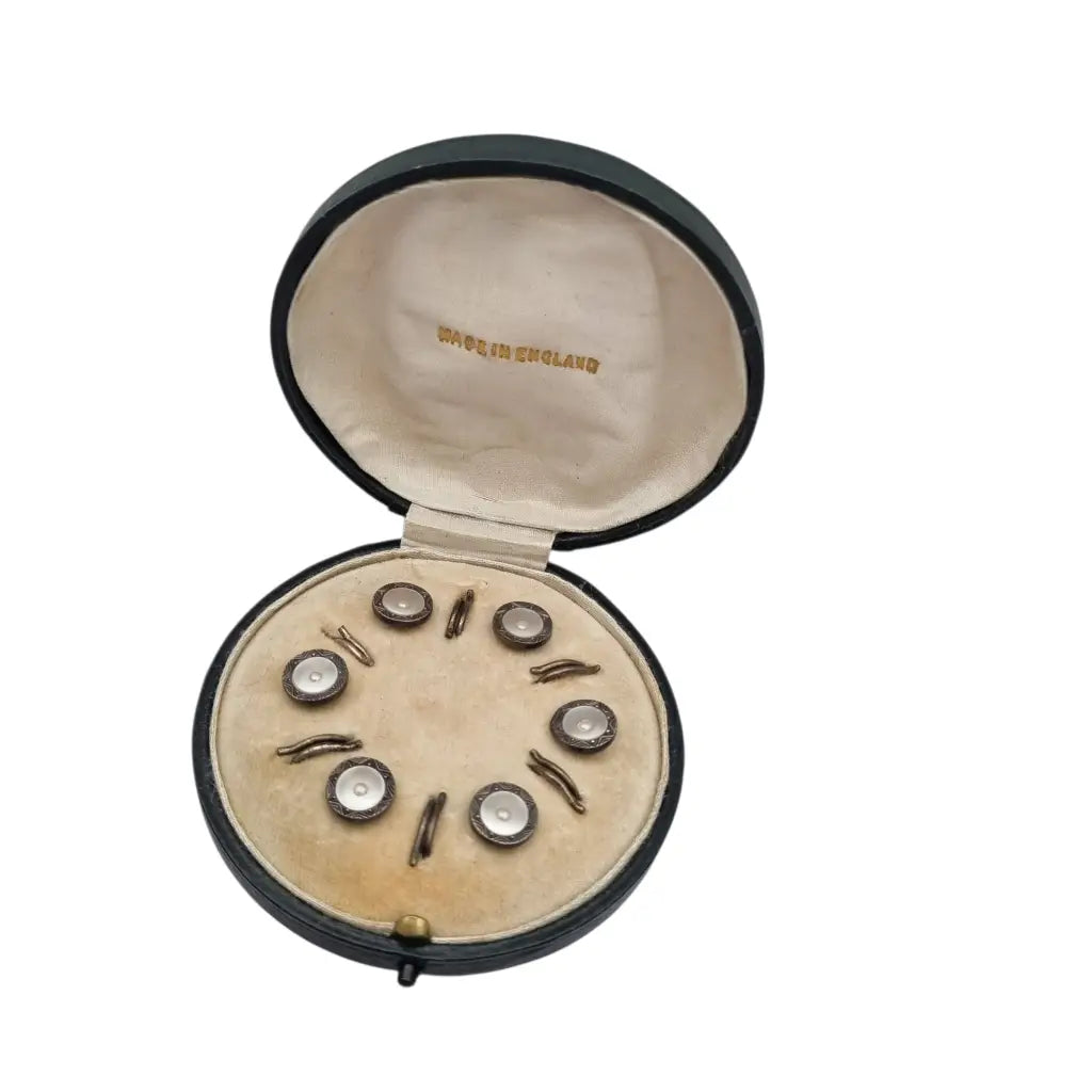 Juego de seis botones Art Déco sterling silver y nácar caja original Made in