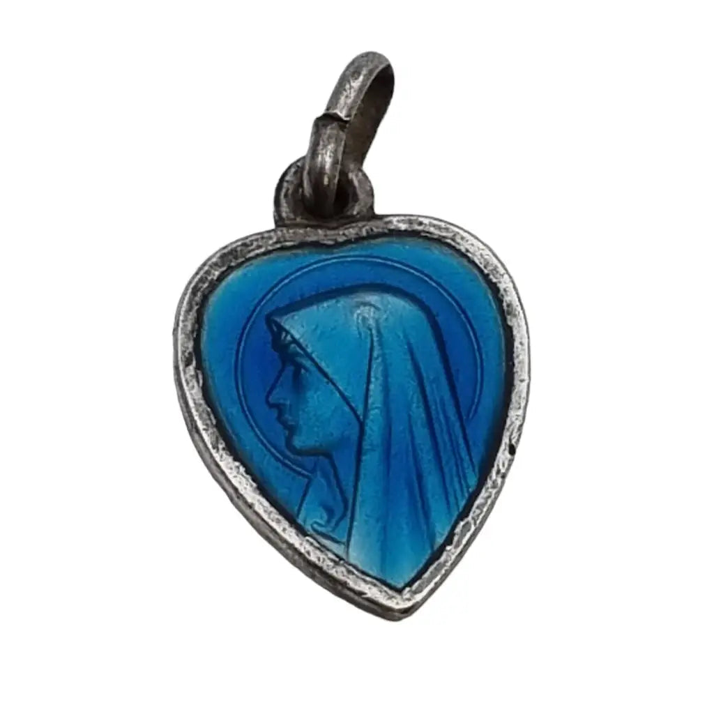 Colgante Corazon Religioso esmalte azul medalla lourdes joyeria antigua regalo