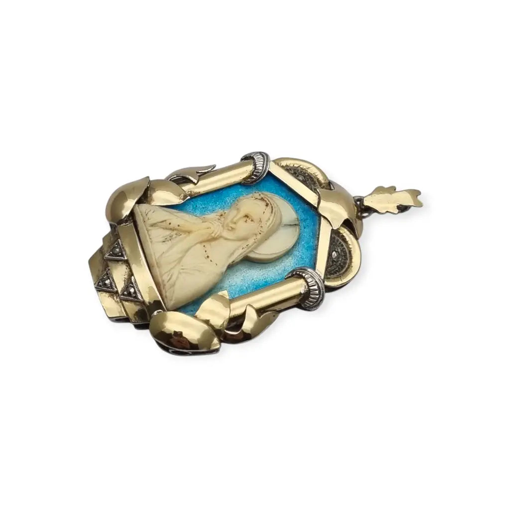 Medalla Art Déco década de 1930 con la Virgen María en plata oro y esmalte