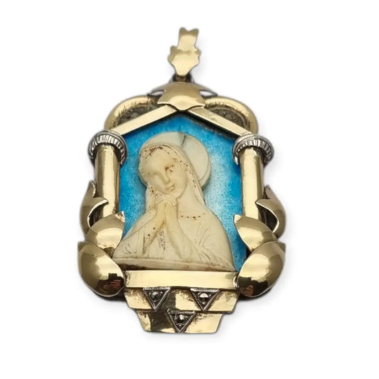 Medalla Art Déco década de 1930 con la Virgen María en plata oro y esmalte