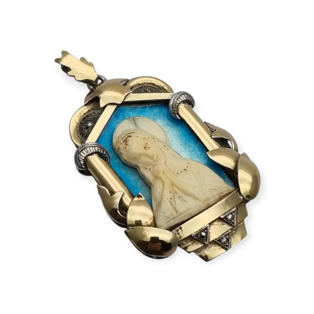 Medalla Art Déco década de 1930 con la Virgen María en plata oro y esmalte