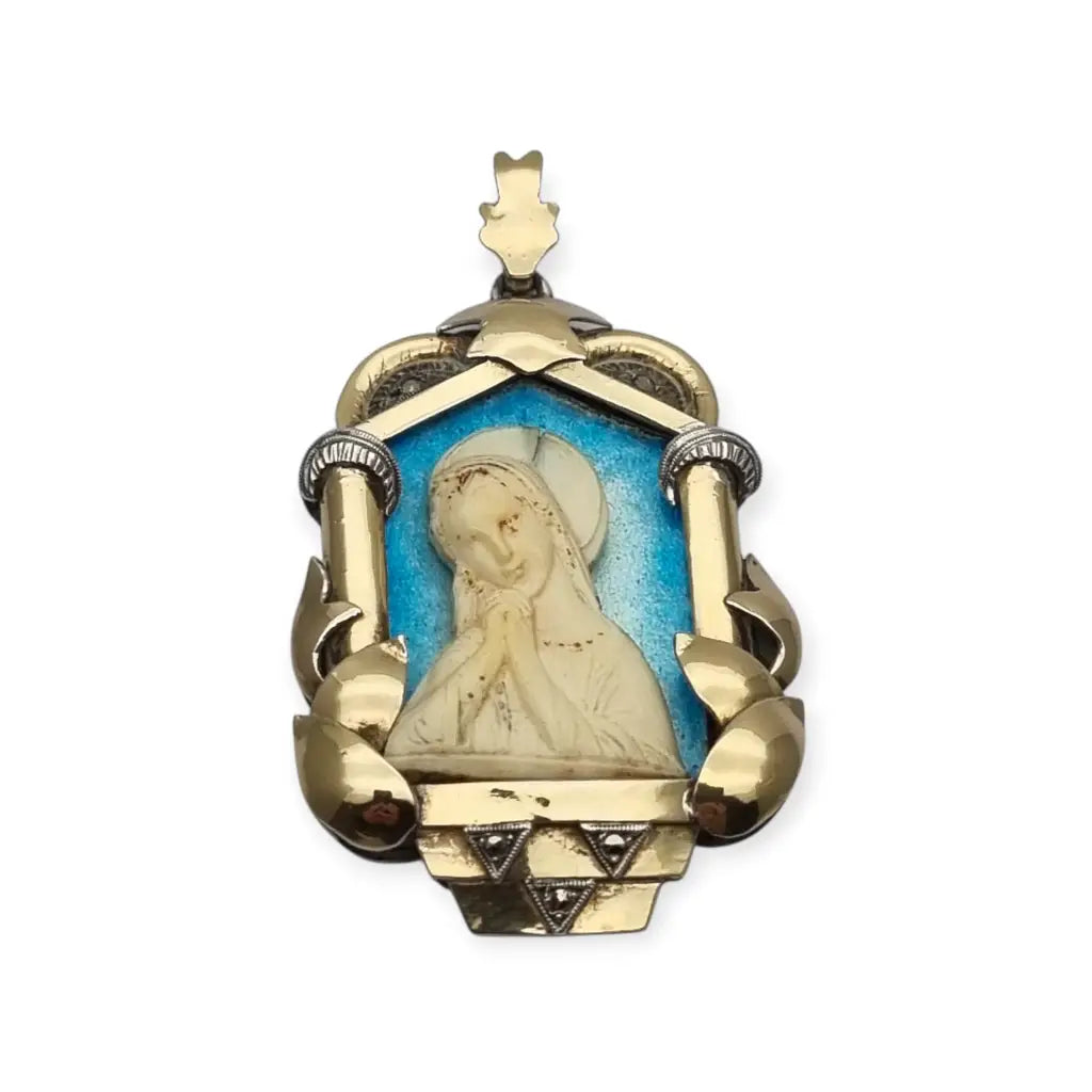 Medalla Art Déco década de 1930 con la Virgen María en plata oro y esmalte