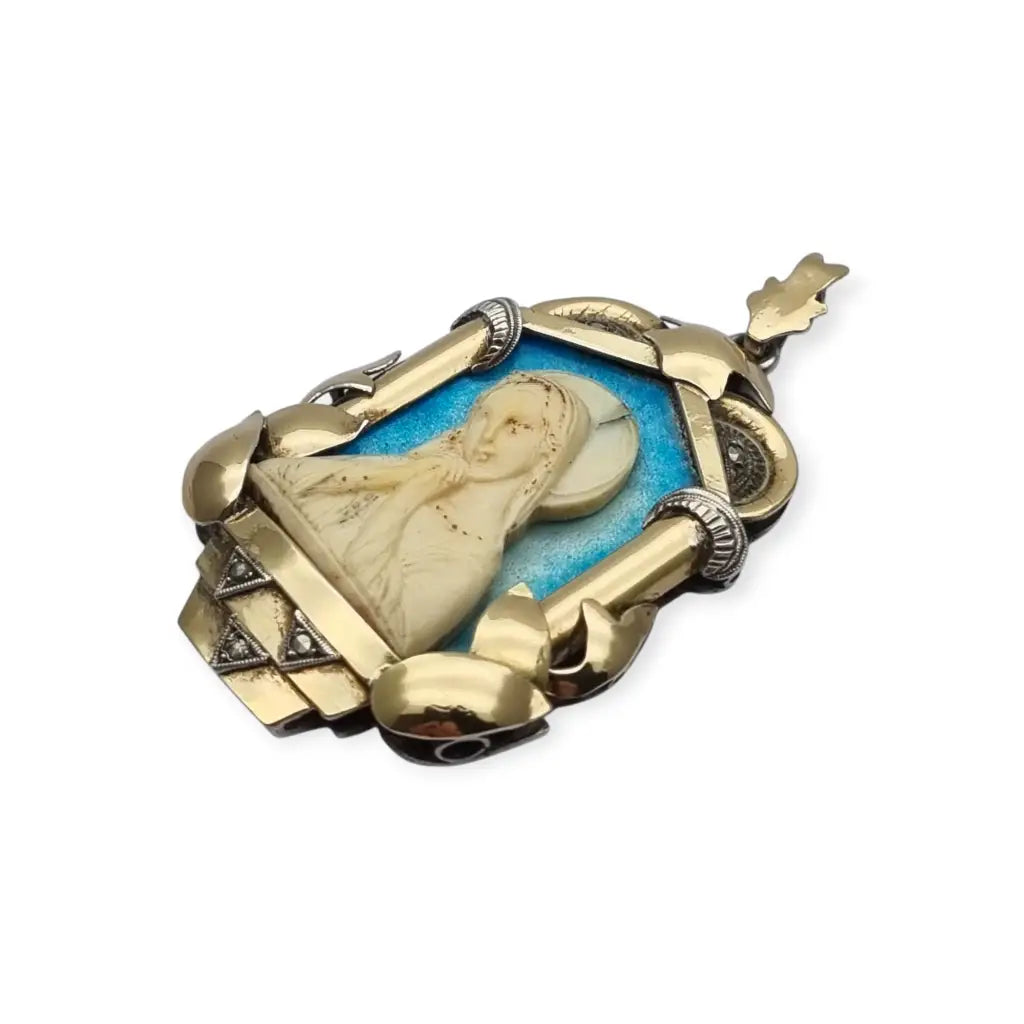 Medalla Art Déco década de 1930 con la Virgen María en plata oro y esmalte