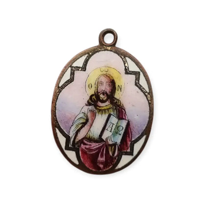 Medalla religiosa antigua Cristo Pantocrátor esmalte policromado circa 1930.