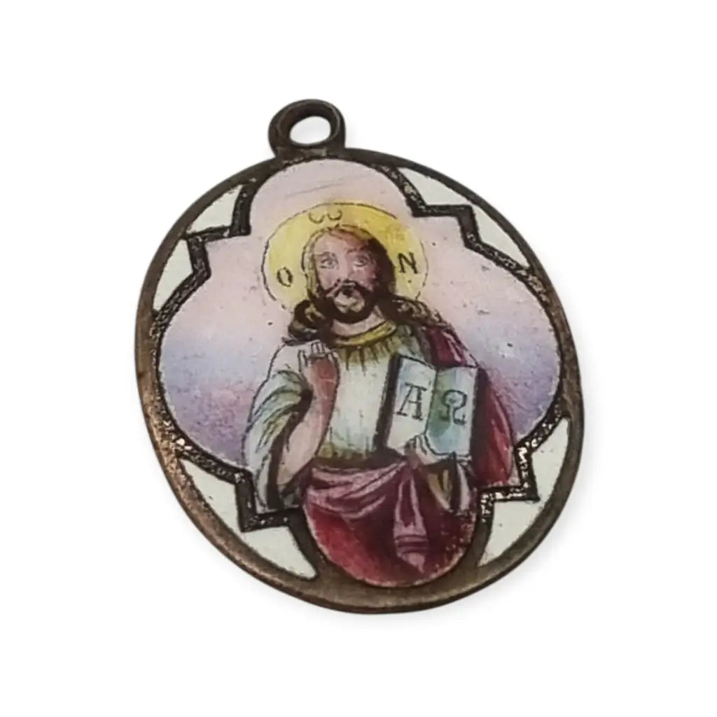 Medalla religiosa antigua Cristo Pantocrátor esmalte policromado circa 1930.