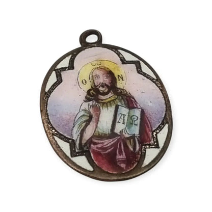 Medalla religiosa antigua Cristo Pantocrátor esmalte policromado circa 1930.