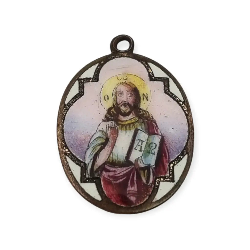 Medalla religiosa antigua Cristo Pantocrátor esmalte policromado circa 1930.