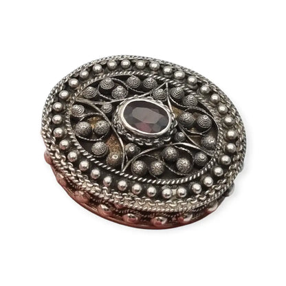 Pastillero de plata 925 decorado con filigrana y granate caja ovalada artesanal