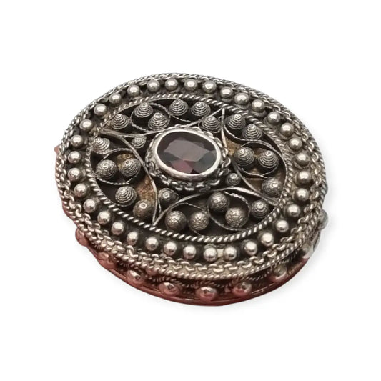 Pastillero de plata 925 decorado con filigrana y granate caja ovalada artesanal