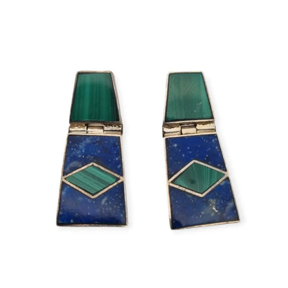 Pendientes Boho de Plata 950 con Malaquita Verde y Lapislázuli Azul México.