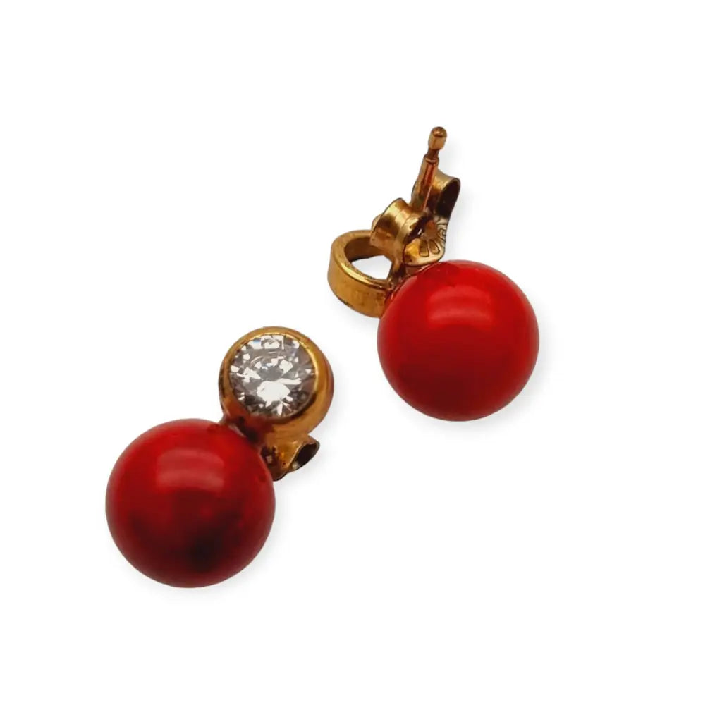 Pendientes vintage oro laminado y perla roja con circonitas joyería 80s NOS.