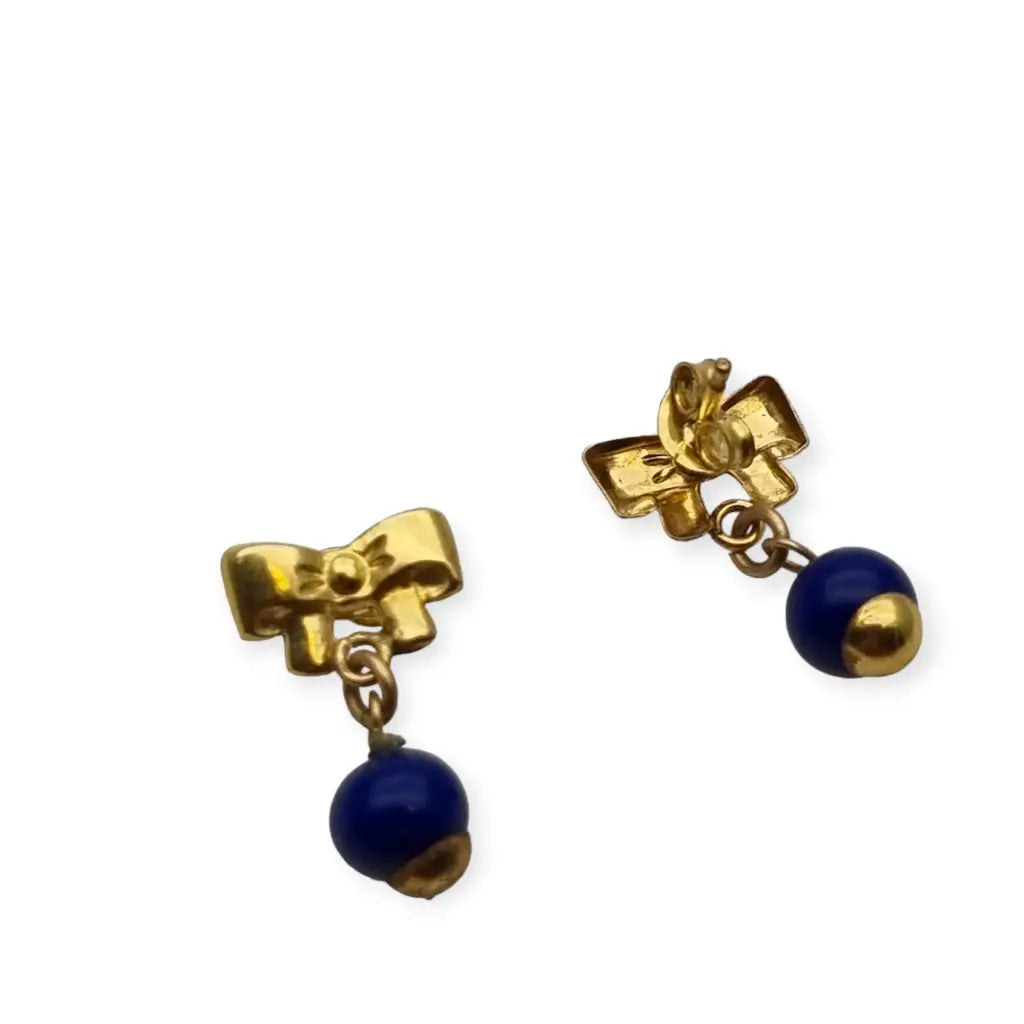 Pendientes vintage corazón de lágrima oro laminado 14k y perla azul 80s NOS.