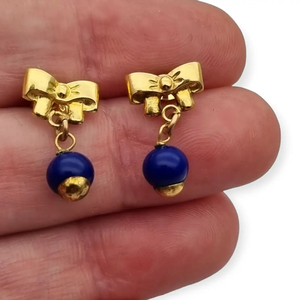 Pendientes vintage corazón de lágrima oro laminado 14k y perla azul 80s NOS.