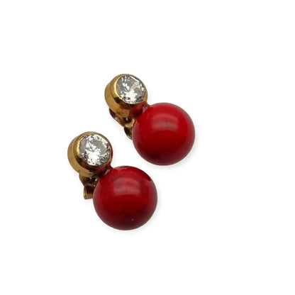 Pendientes vintage oro laminado y perla roja con circonitas joyería 80s NOS.