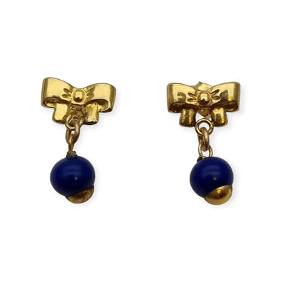 Pendientes vintage corazón de lágrima oro laminado 14k y perla azul 80s NOS.