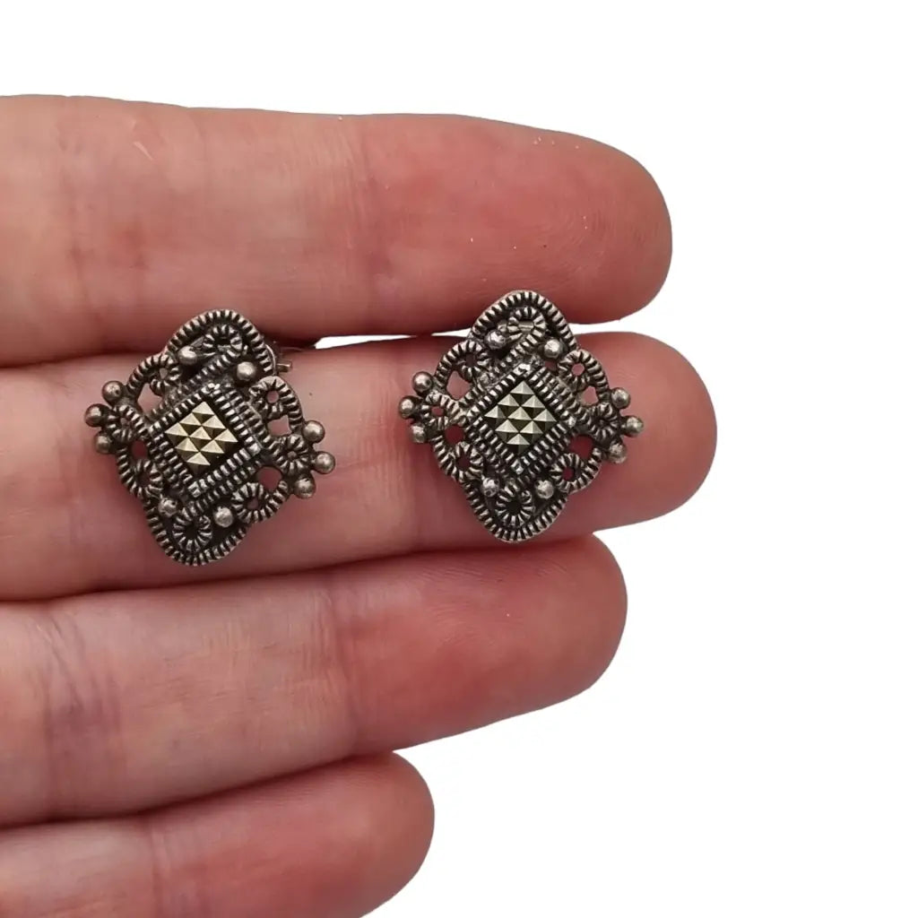 Pendientes de clip cuadrados Plata y marcasita para mujer Estilo Art Deco Circa