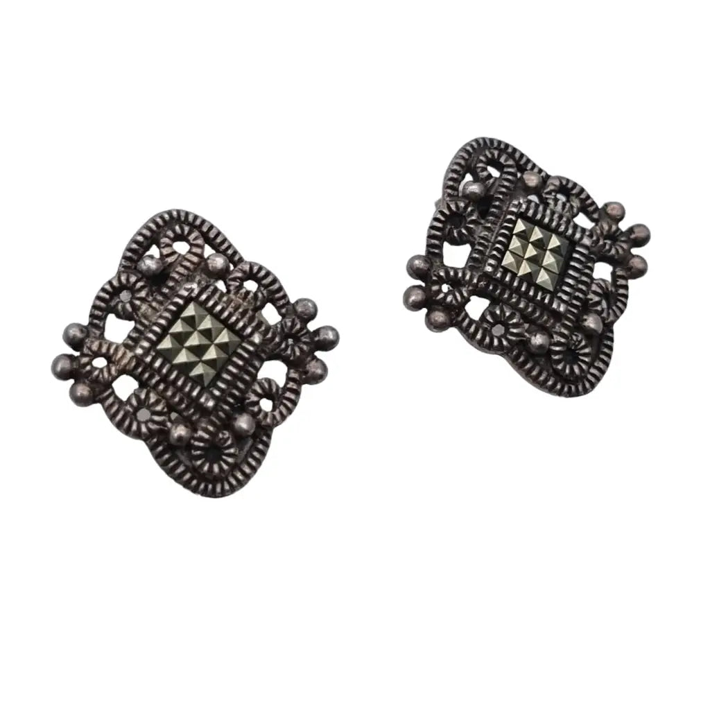 Pendientes de clip cuadrados Plata y marcasita para mujer Estilo Art Deco Circa