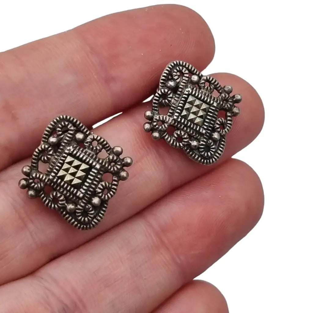 Pendientes de clip cuadrados Plata y marcasita para mujer Estilo Art Deco Circa