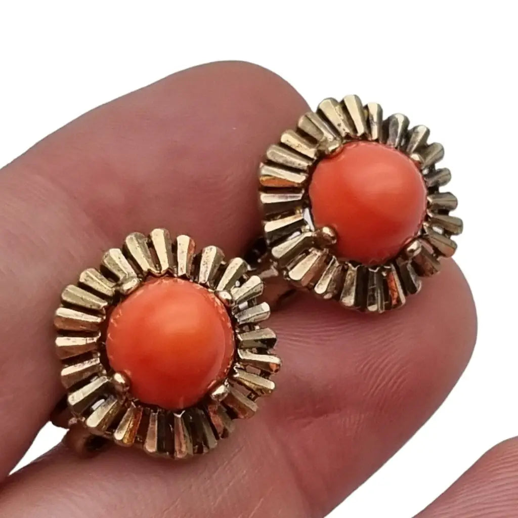 Pendientes de coral rojo y plata dorada para mujer originales los años 70