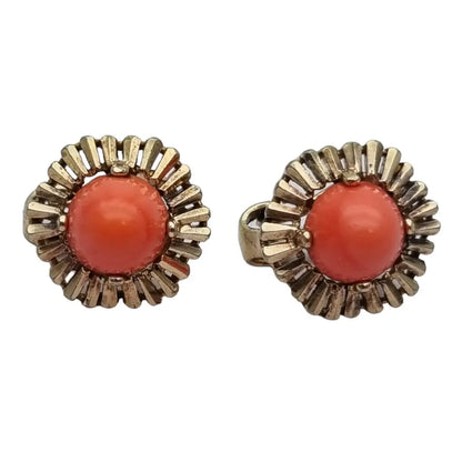 Pendientes de coral rojo y plata dorada para mujer originales los años 70