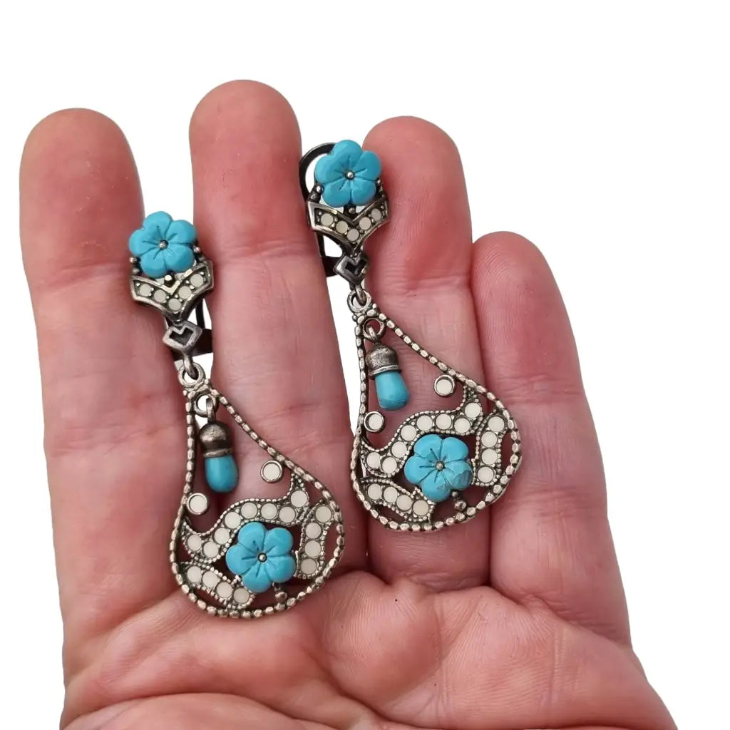 Pendientes de flores pendientes colgantes plata ley azul turquesa y blanco