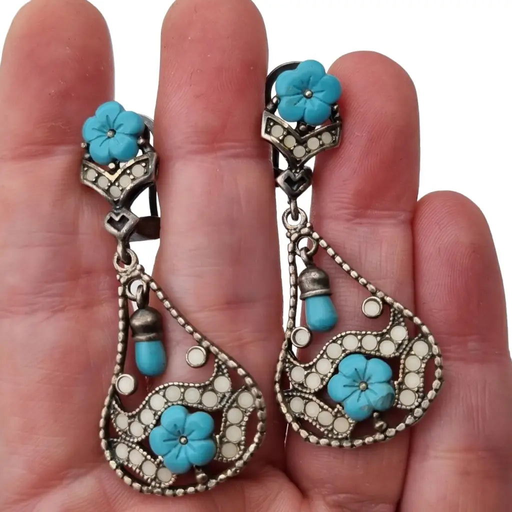 Pendientes de flores pendientes colgantes plata ley azul turquesa y blanco