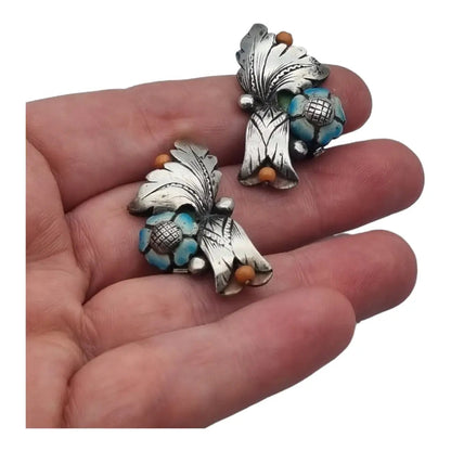 Pendientes art deco de plata para mujer pendientes flores coral