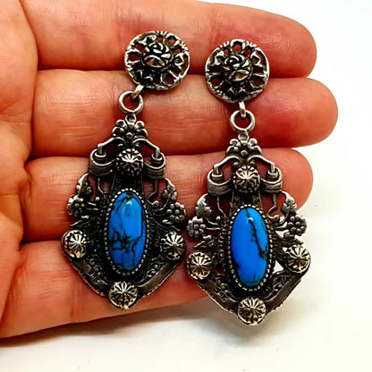 Pendientes de lágrima en plata 925 y turquesa. Hacia 1970. Bohemio. Verano.