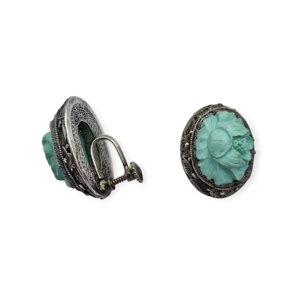 Pendientes orientales antiguos de plata filigrana con camafeos florales azul