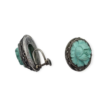 Pendientes orientales antiguos de plata filigrana con camafeos florales azul