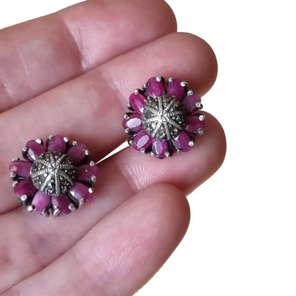 Pendientes de plata con piedra rosa rubí en bruto y marquesitas para mujer