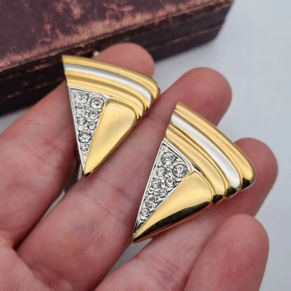 Pendientes triangulares con clip joyería de moda NOS Vintage años 80s diamantes