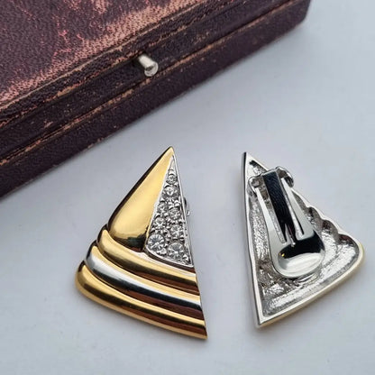 Pendientes triangulares con clip joyería de moda NOS Vintage años 80s diamantes