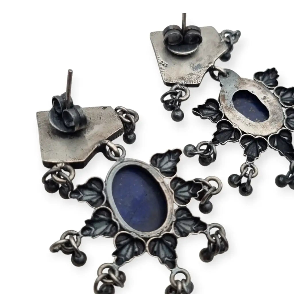 Pendientes tribales artesanales en plata con piedra azul estilo boho