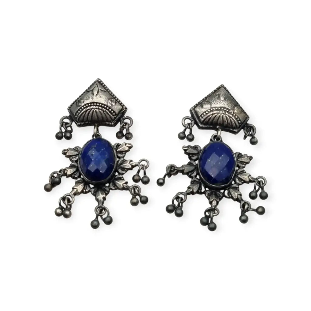 Pendientes tribales artesanales en plata con piedra azul estilo boho