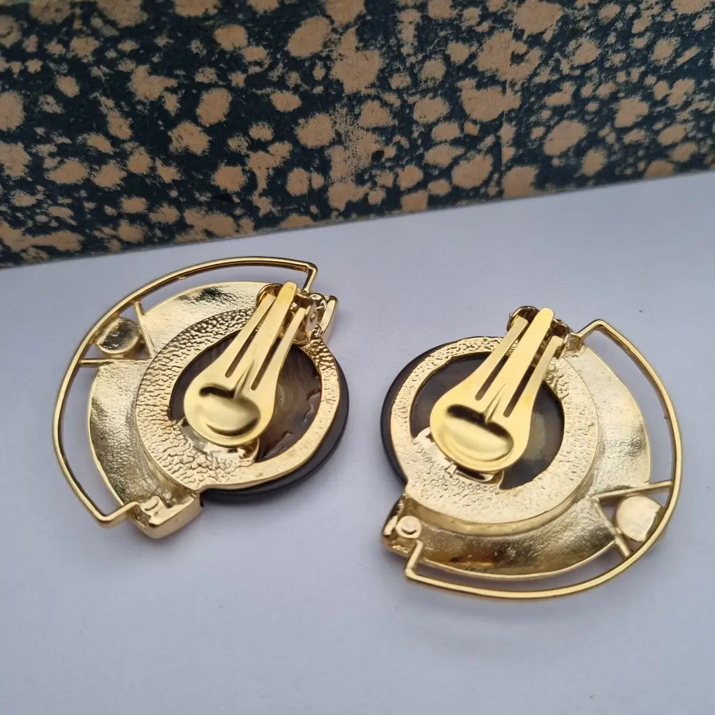Pendientes vintage NOS grandes y redondos de los años 80 marrones dorados