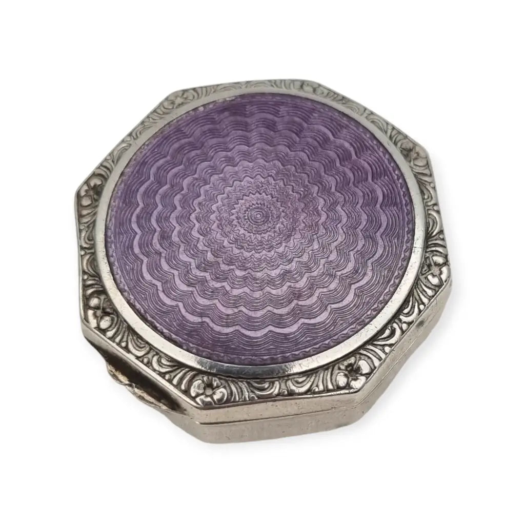 Polvera octogonal colgante de plata 925 esmalte guilloché lavanda Art Déco