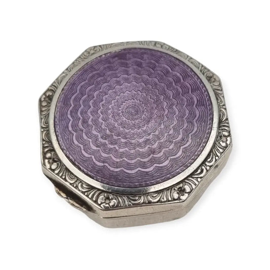 Polvera octogonal colgante de plata 925 esmalte guilloché lavanda Art Déco