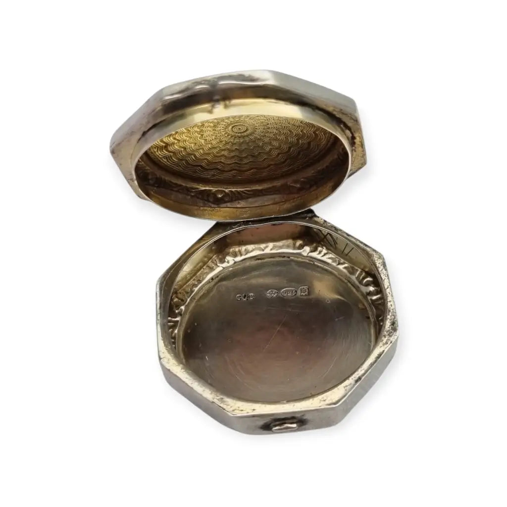 Polvera octogonal colgante de plata 925 esmalte guilloché lavanda Art Déco
