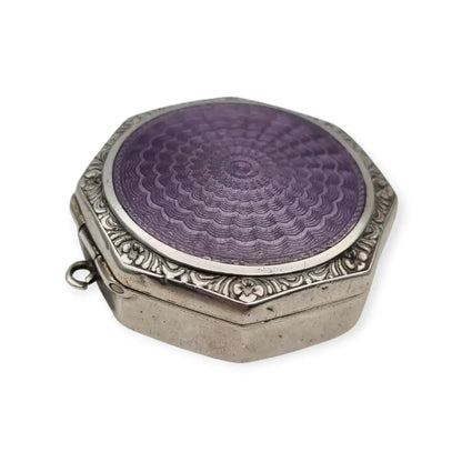 Polvera octogonal colgante de plata 925 esmalte guilloché lavanda Art Déco