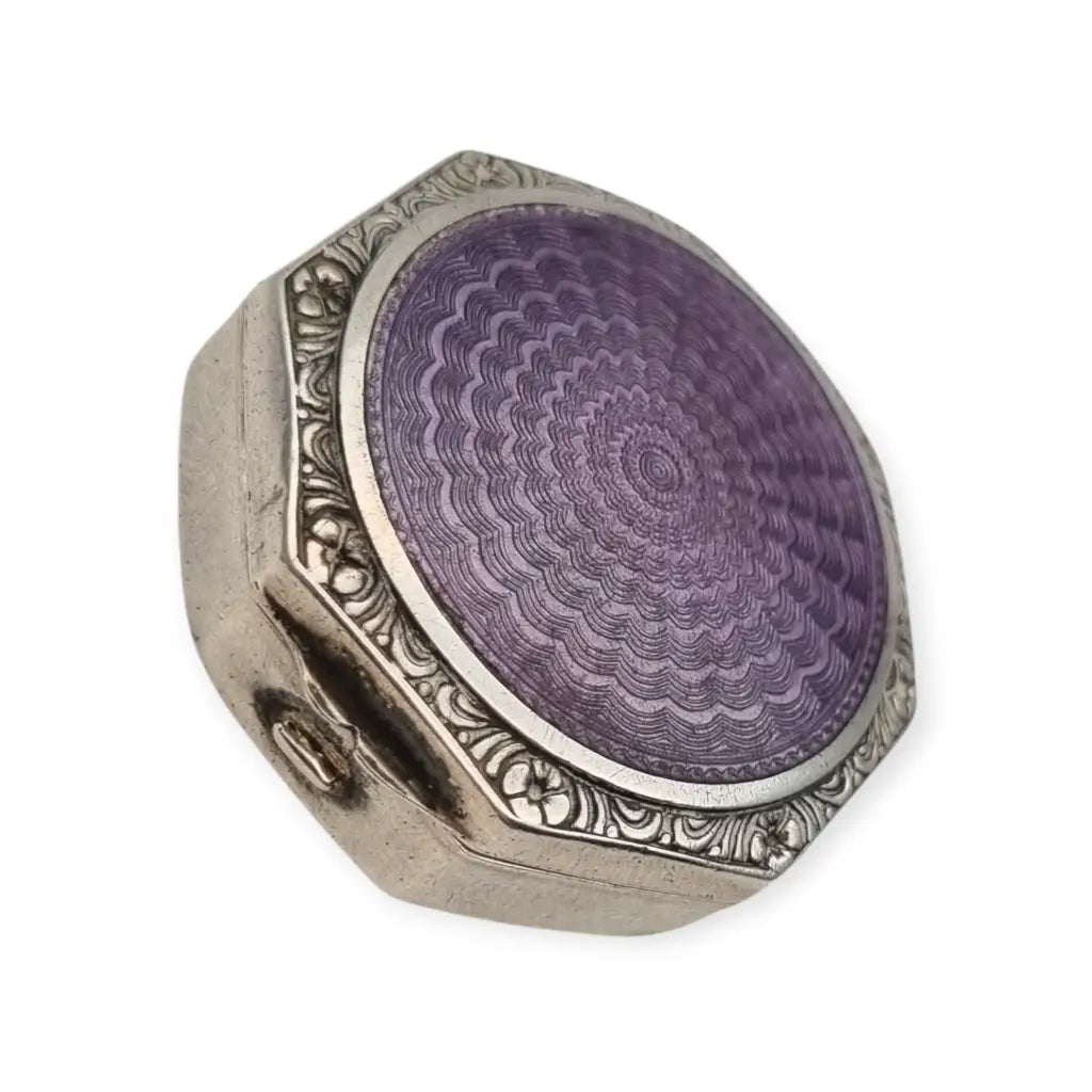 Polvera octogonal colgante de plata 925 esmalte guilloché lavanda Art Déco