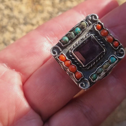 Mexican silver 925 ring with amethyst, coral, turquoise, vintage ethnic jewelry
