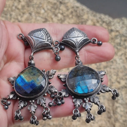 925 silver ethnic bohemian-style earrings with labradorite, circa 1980-90