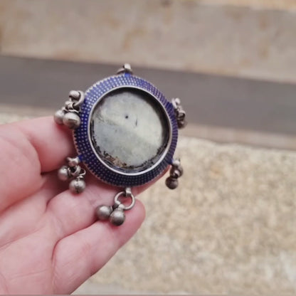 Rare blue enamel antique silver boho mirror ring, afghanistan, tribal jewel.